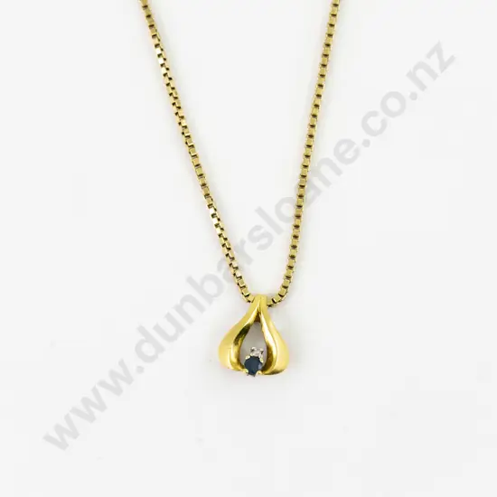 9ct Two Stone Sapphire and Diamond Pendant on 9ct Box Link Neck Chain