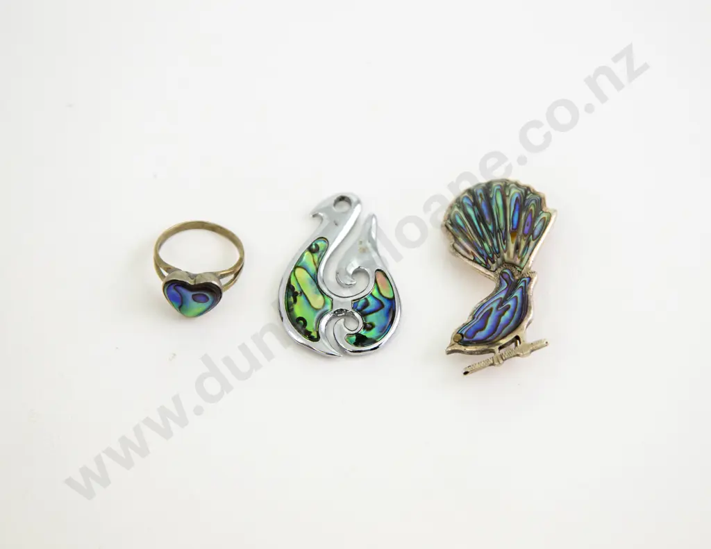 NZ S/S Paua Fantail Brooch with Pendant and Ring Image 1++