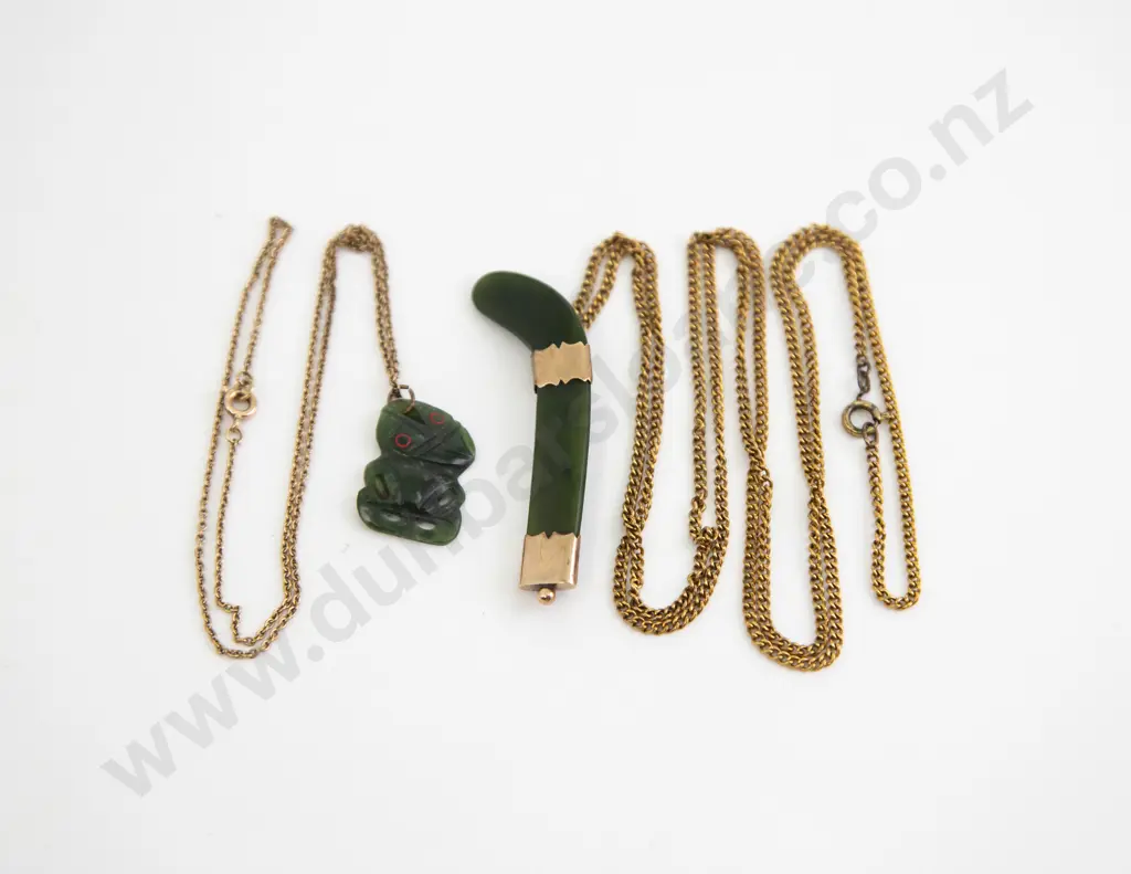 9ct Mount Greenstone Hockey Stick and Tiki Pendants Image 1++