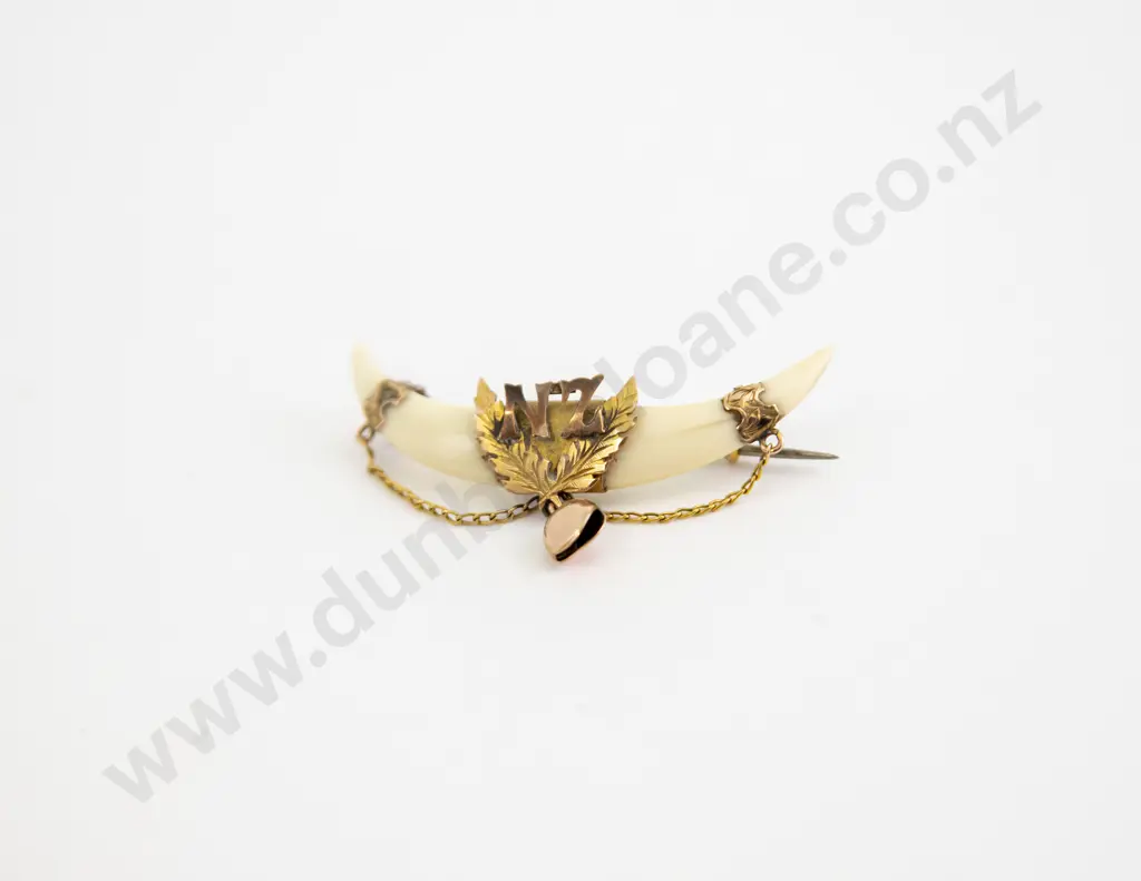 NZ Colonial 9ct Rose Gold Mounted Tusk Brooch Image 1++