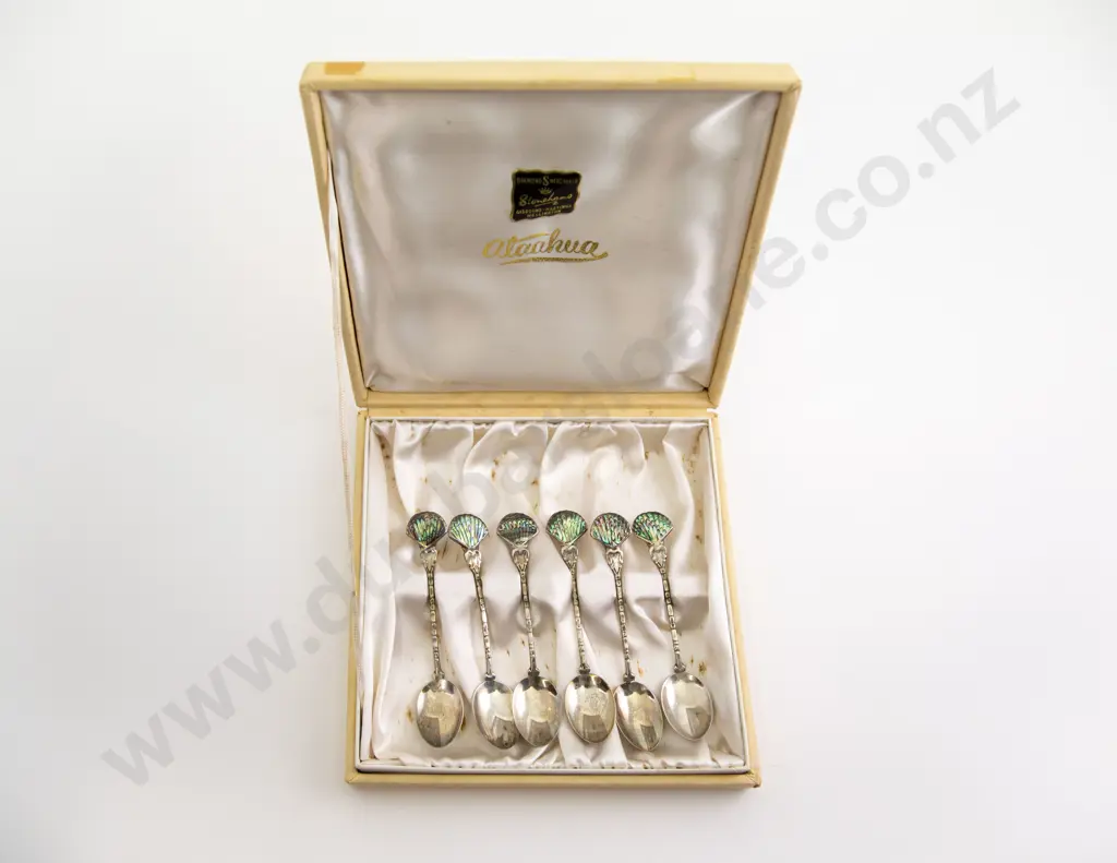 Boxed Set of Six NZ Ataahua S/S and Paua Shell Fan Finial Coffee Spoons Image 1++