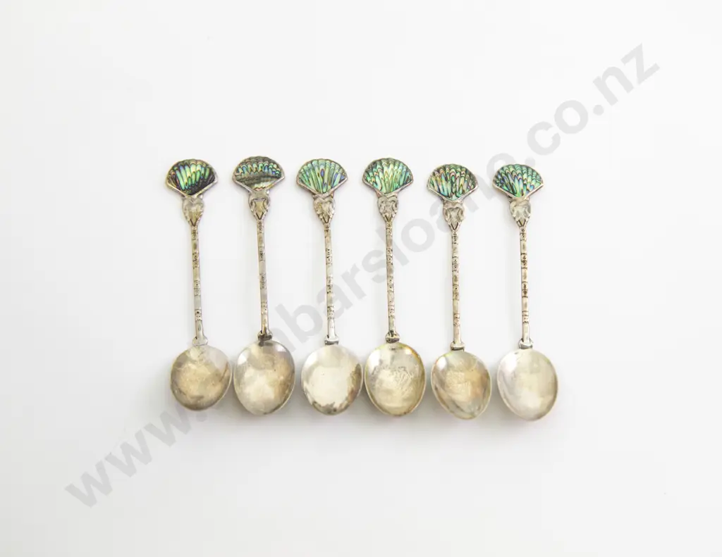 Boxed Set of Six NZ Ataahua S/S and Paua Shell Fan Finial Coffee Spoons Image 1++