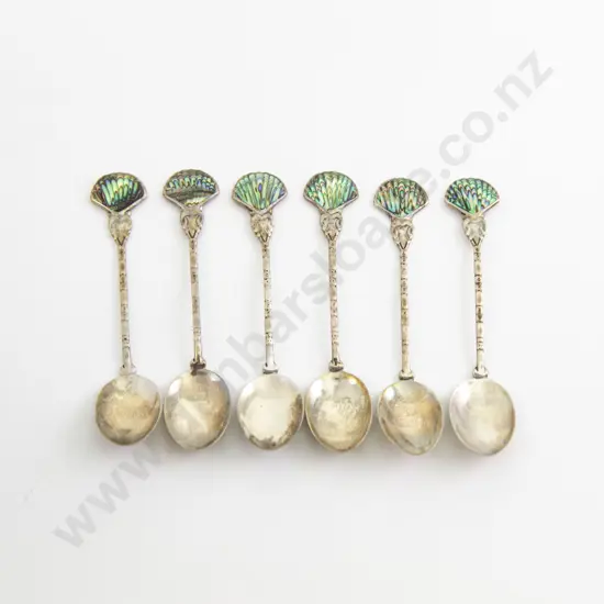 Boxed Set of Six NZ Ataahua S/S and Paua Shell Fan Finial Coffee Spoons
