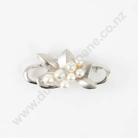 S/S Seven Cultured Pearl Leaf Spray Brooch