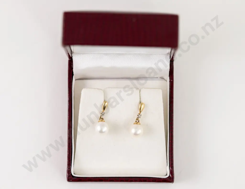 Pair 9ct Diamond and Pearl Pendant Earrings Image 1++