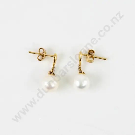 Pair 9ct Diamond and Pearl Pendant Earrings