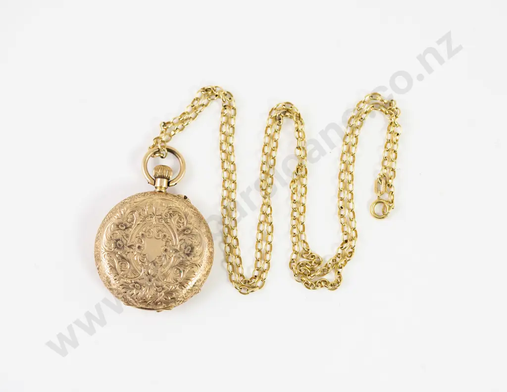 14ct Hunter Cased Lever Wind Pocket Watch on 9ct Neck Chain Image 1++