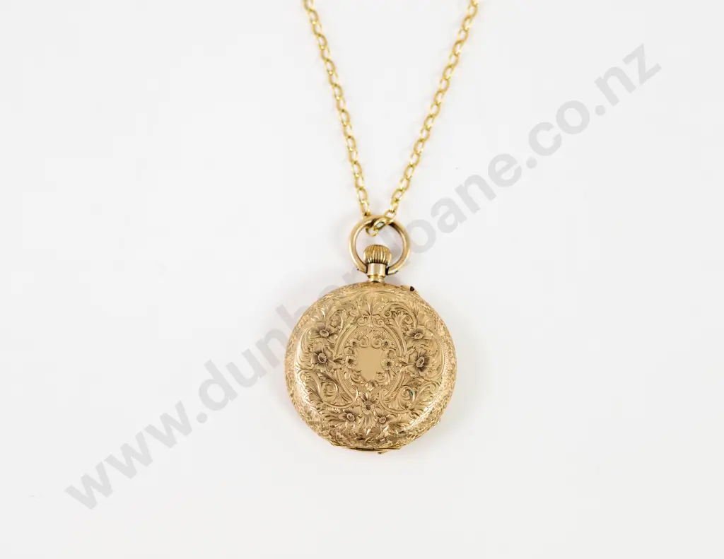 14ct Hunter Cased Lever Wind Pocket Watch on 9ct Neck Chain Image 1++