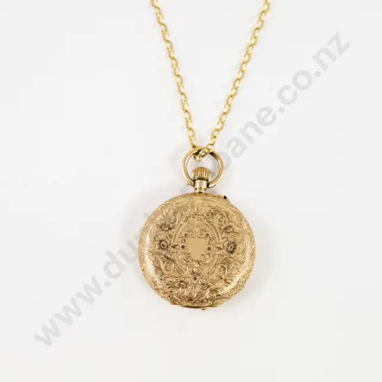 14ct Hunter Cased Lever Wind Pocket Watch on 9ct Neck Chain