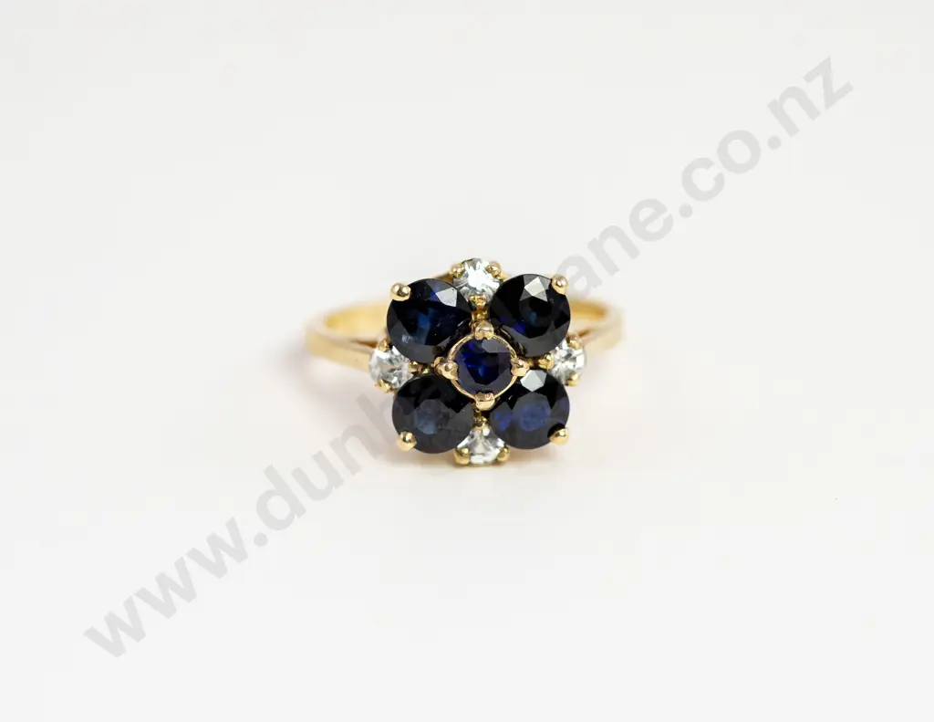 9ct Nine Stone Sapphire and Diamond Floret Cluster Ring Image 1++