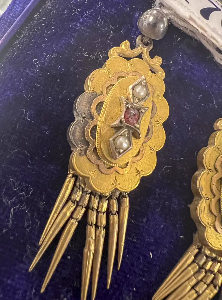 Pair Victorian Silver Gilt Seed Pearl and Garnet Pendant Drop Earrings Image 1++