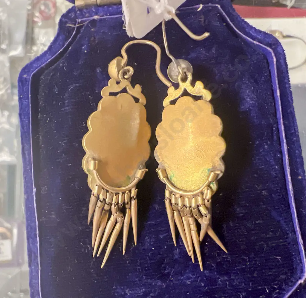 Pair Victorian Silver Gilt Seed Pearl and Garnet Pendant Drop Earrings Image 1++