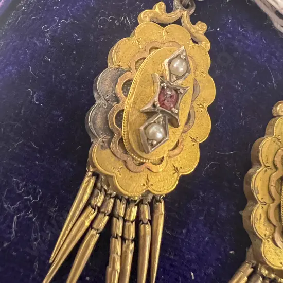 Pair Victorian Silver Gilt Seed Pearl and Garnet Pendant Drop Earrings