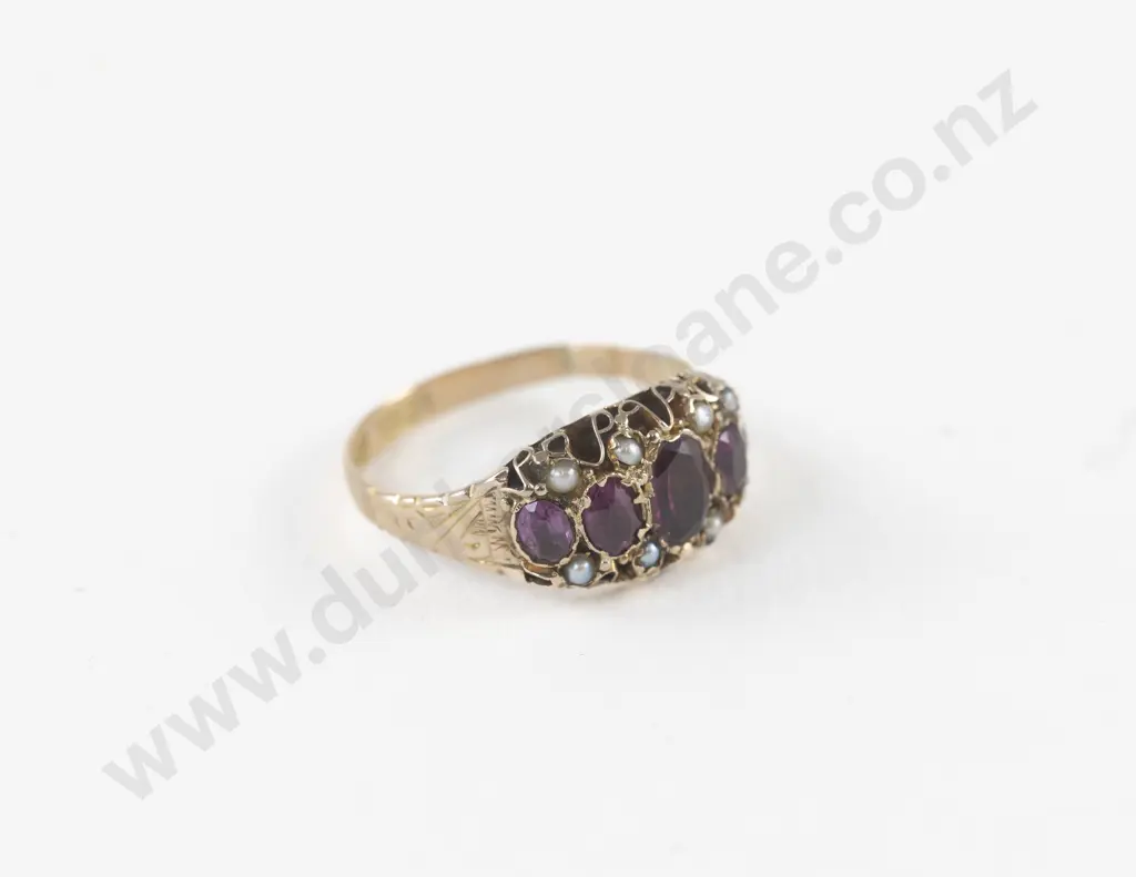 Victorian 9ct Foil Backed Amethyst and Seed Pearl Ring Image 1++