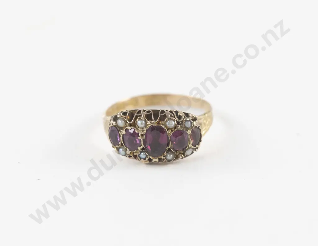 Victorian 9ct Foil Backed Amethyst and Seed Pearl Ring Image 1++