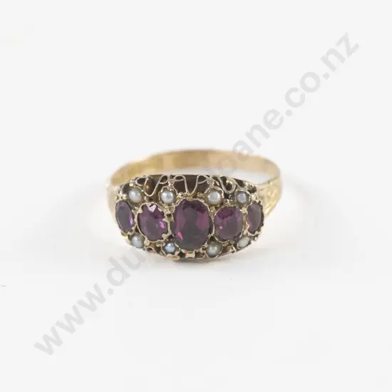 Victorian 9ct Foil Backed Amethyst and Seed Pearl Ring