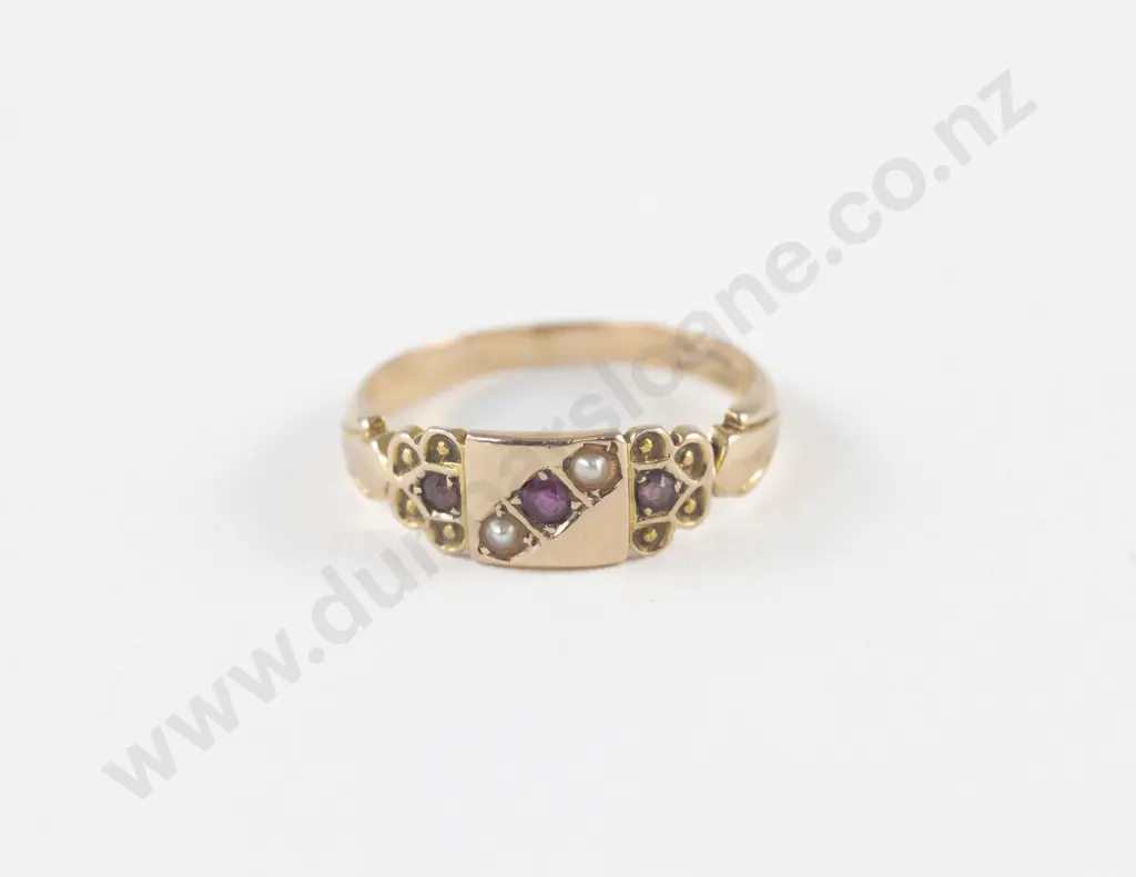 Victorian 15ct Five Stone Garnet and Seed Pearl Ring Image 1++