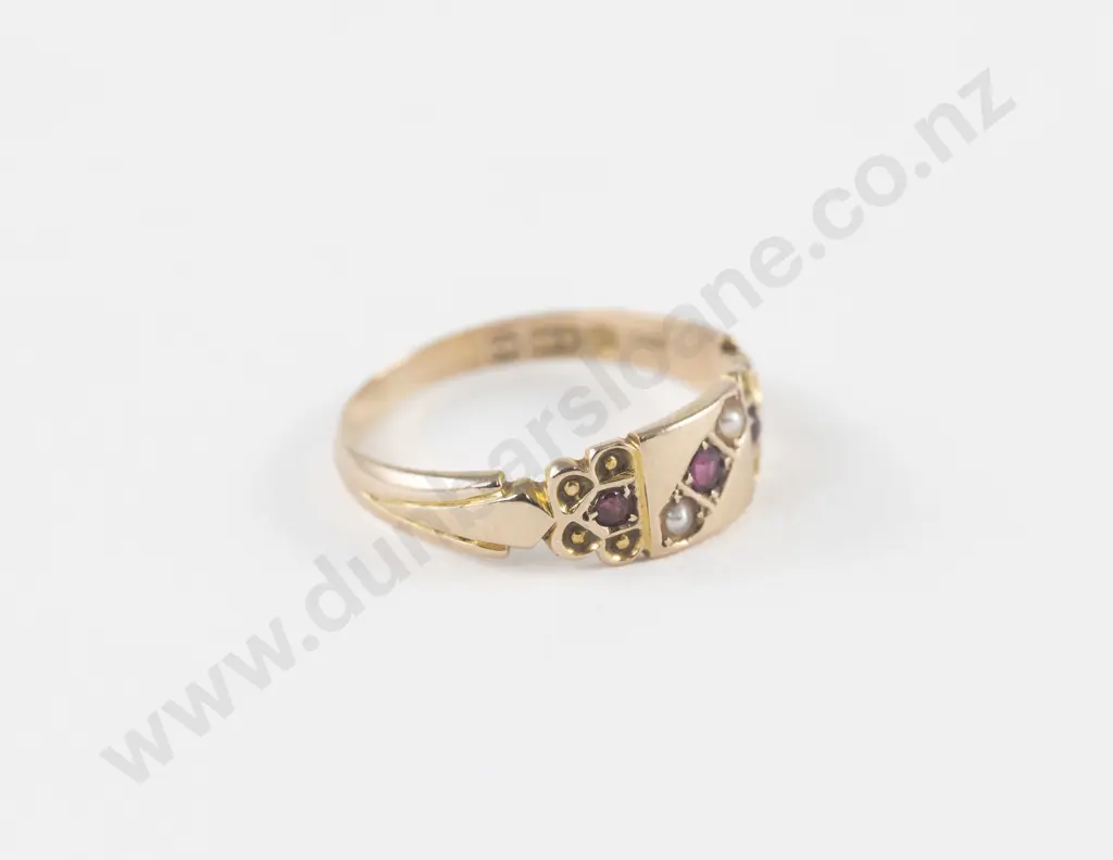 Victorian 15ct Five Stone Garnet and Seed Pearl Ring Image 1++