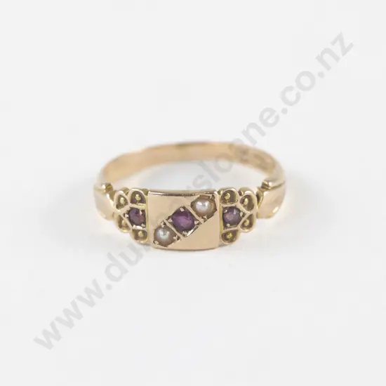 Victorian 15ct Five Stone Garnet and Seed Pearl Ring