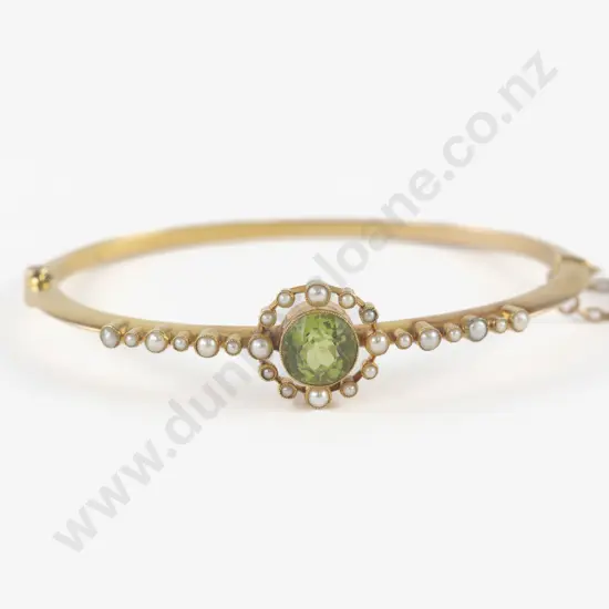 Edwardian 9ct Peridot and Seed Pearl Hinged Snap Bangle