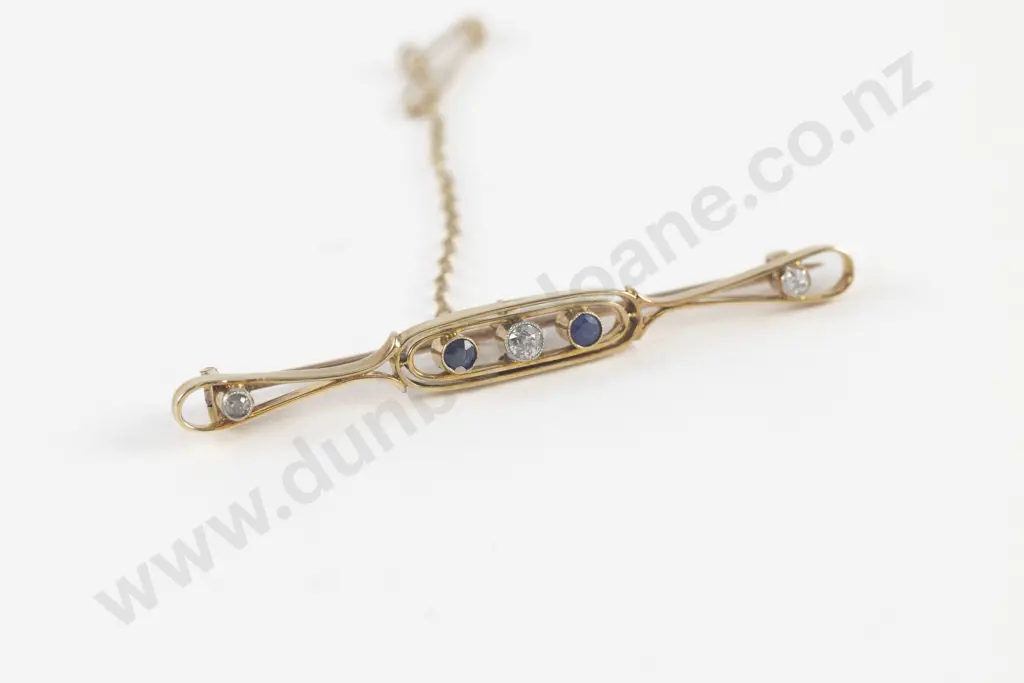 15ct Five Stone Diamond and Sapphire Bar Brooch Image 1++