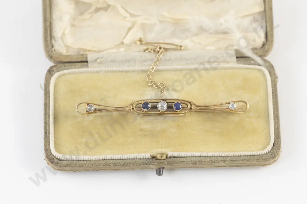15ct Five Stone Diamond and Sapphire Bar Brooch Image 1++
