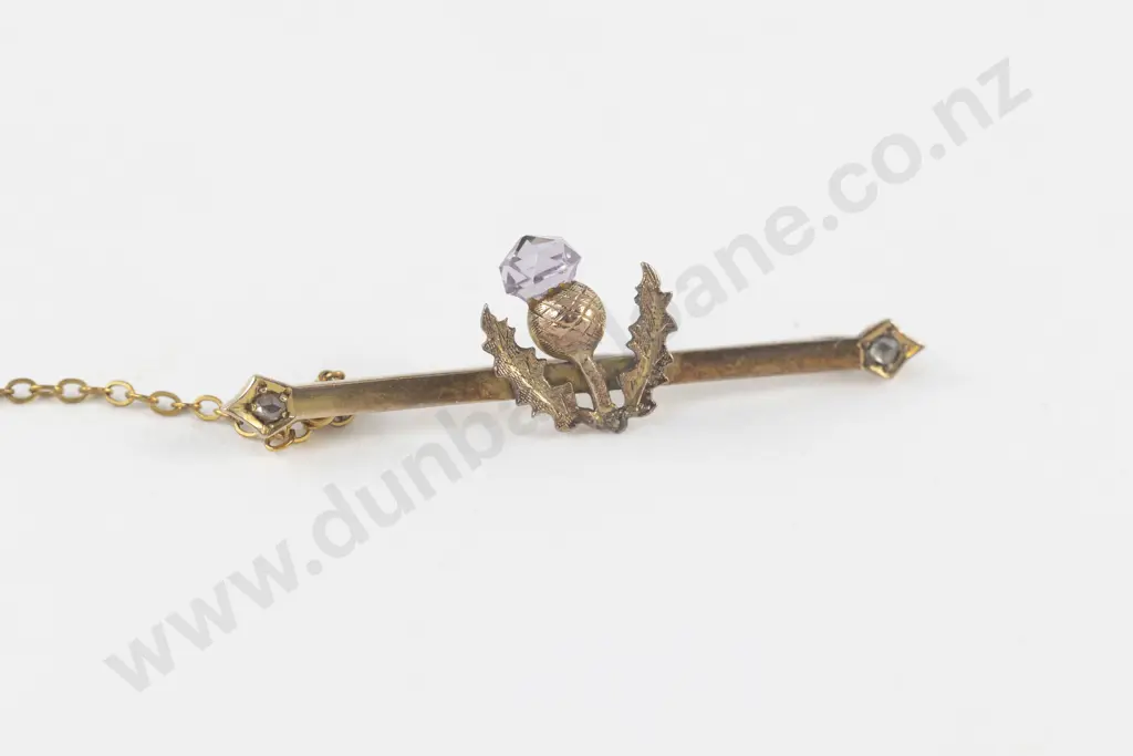 9ct Three Stone Diamond and Amethyst Thistle Bar Brooch Image 1++