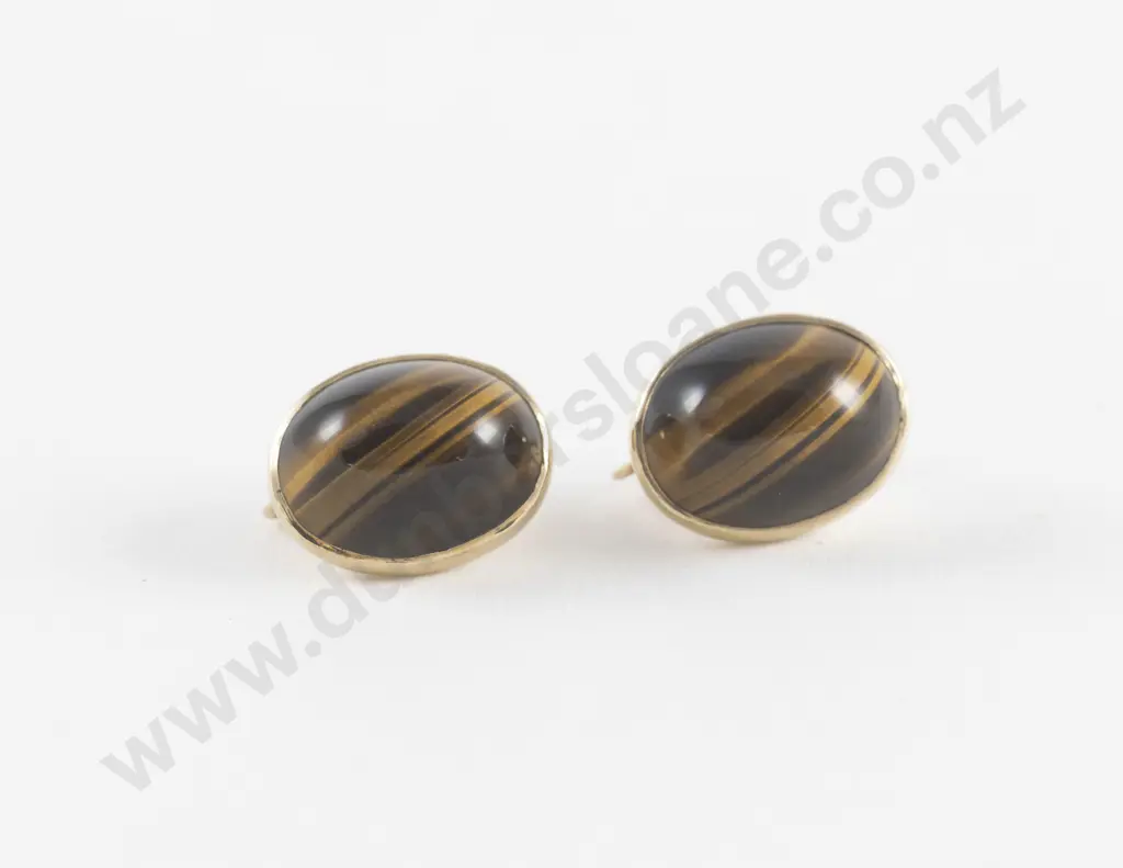 Pair 9ct Framed Oval Tiger Eye Earrings Image 1++