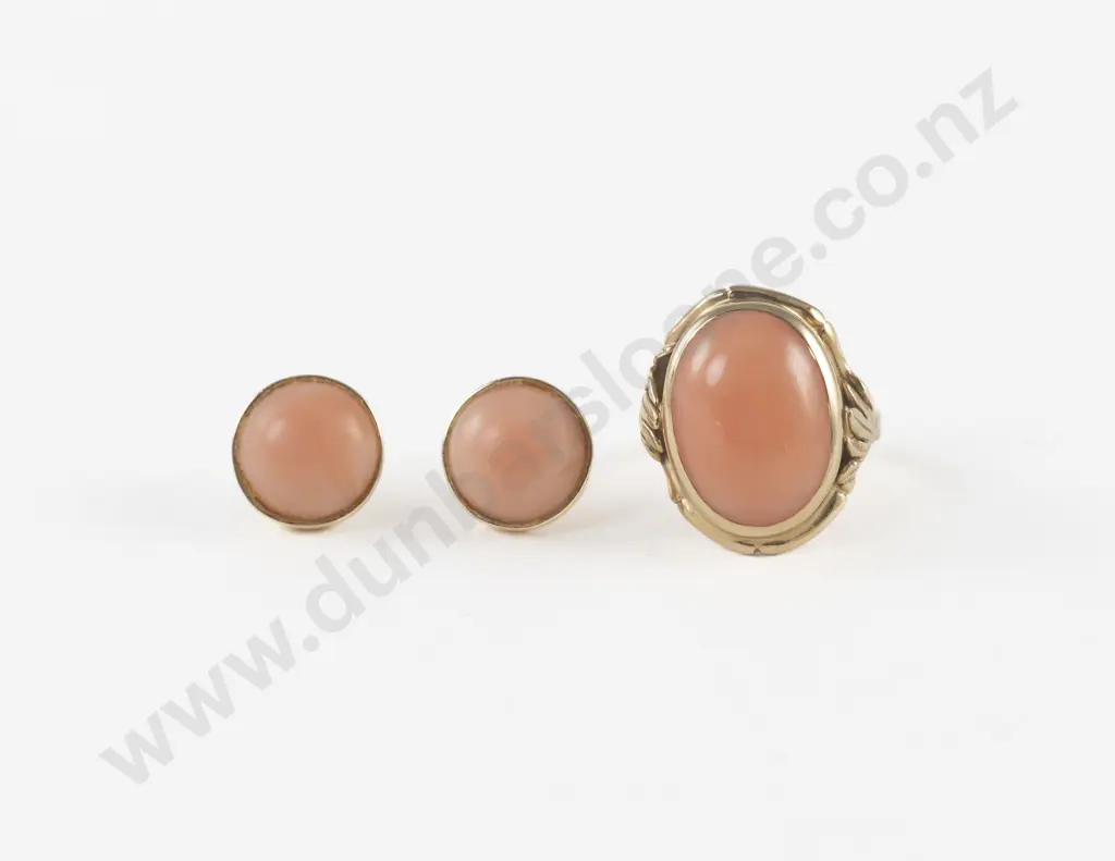 9ct Single Stone Coral Dress Ring with Pair of Earrings Image 1++