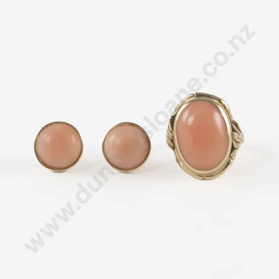 9ct Single Stone Coral Dress Ring with Pair of Earrings