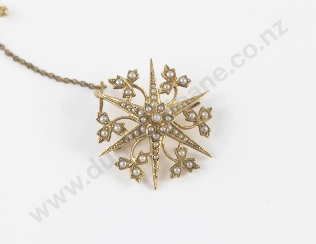 Victorian 15ct Seed Pearl Star Burst Brooch Image 1++