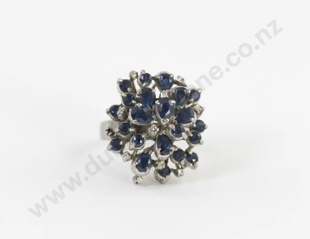18ct White Gold 33Stone Diamond and Sapphire Cluster Ring Image 1++