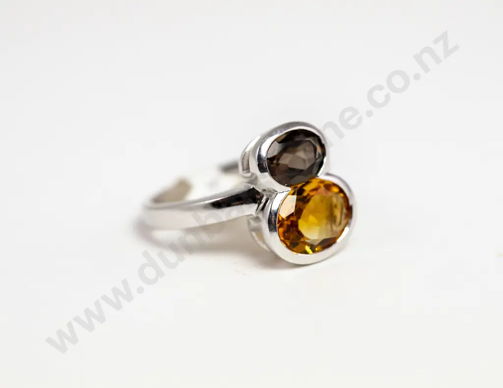 9ct White Gold Two Stone Smoky Quartz and Citrine Dress Ring Image 1++