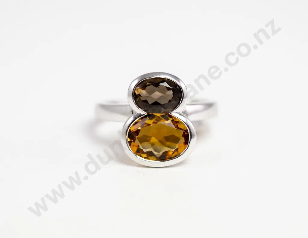 9ct White Gold Two Stone Smoky Quartz and Citrine Dress Ring Image 1++