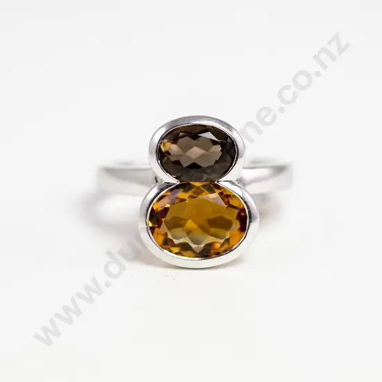 9ct White Gold Two Stone Smoky Quartz and Citrine Dress Ring