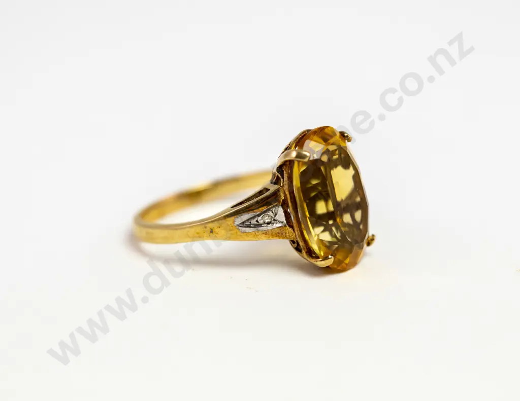 9ct Three Stone Citrine and Diamond Dress Ring Image 1++