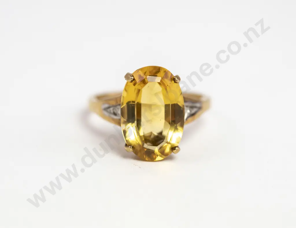 9ct Three Stone Citrine and Diamond Dress Ring Image 1++