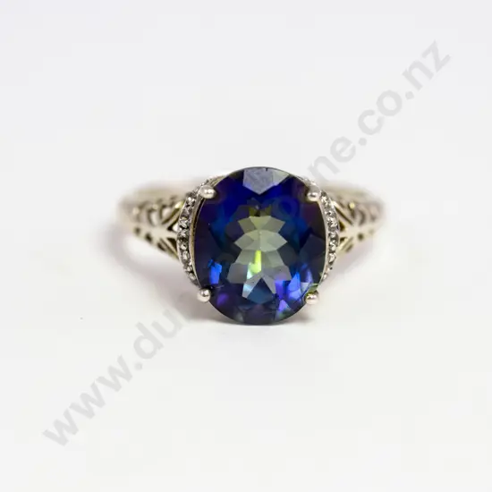 14ct White Gold Eleven Stone Treated Topaz and Diamond Ring