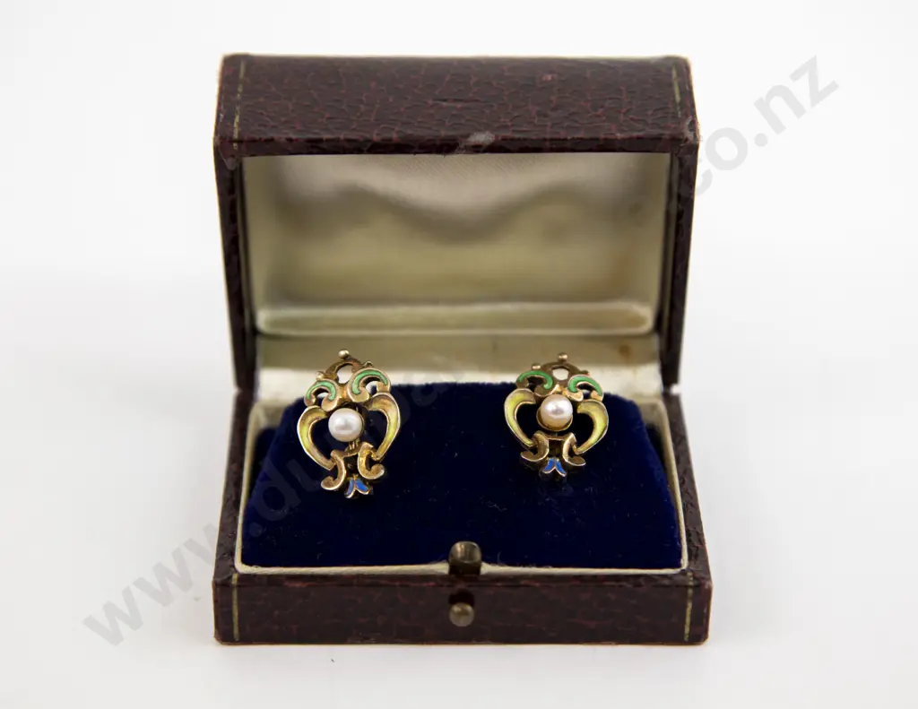 Art Nouveau Style Gold Plated Enamel and Pearl Earrings Image 1++