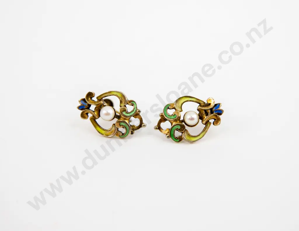 Art Nouveau Style Gold Plated Enamel and Pearl Earrings Image 1++
