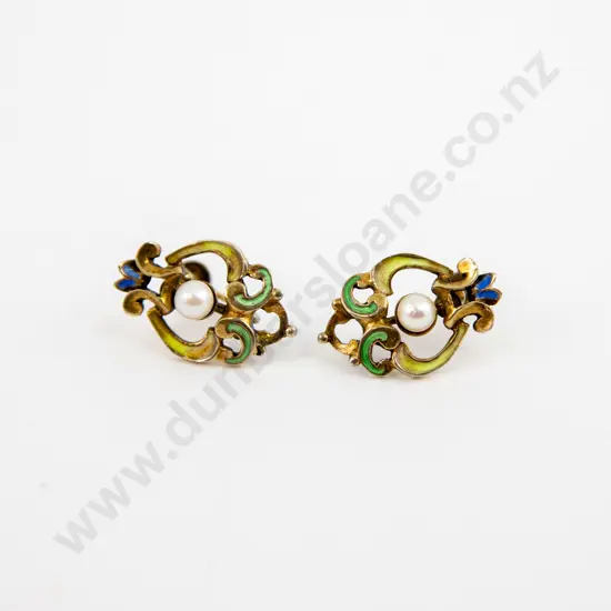 Art Nouveau Style Gold Plated Enamel and Pearl Earrings