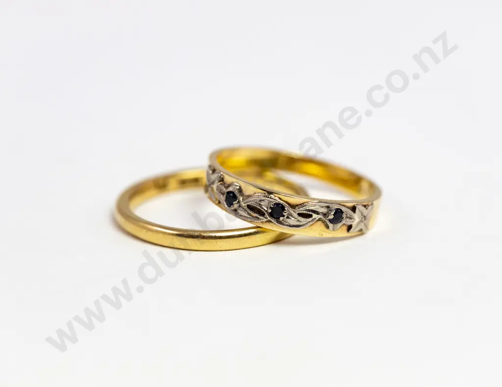 18ct Three Stone Sapphire Eternity Band and 18ct Wedding Band Image 1++