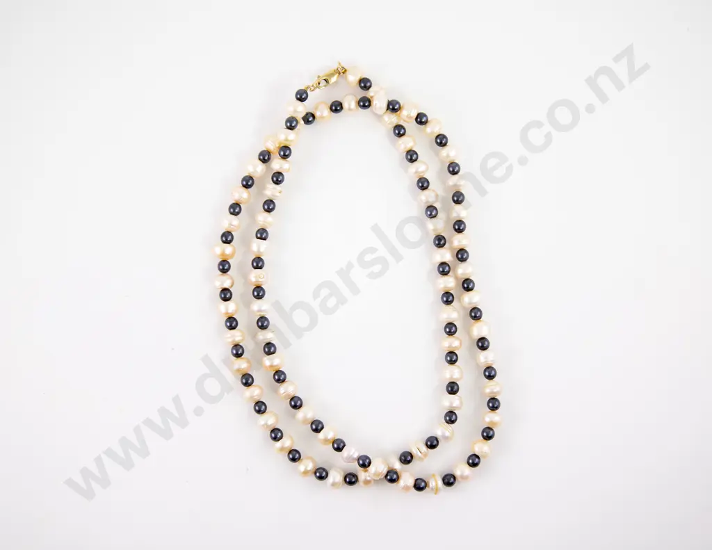 Single Strand Semi-Button White and Round Black Freshwater Pearl Necklace Image 1++