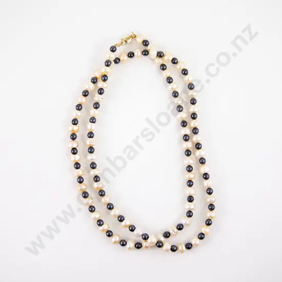 Single Strand Semi-Button White and Round Black Freshwater Pearl Necklace