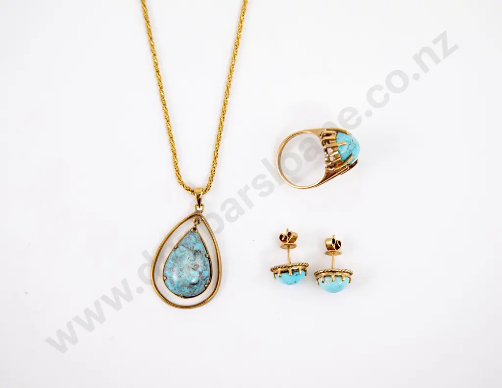 9ct Single Turquoise Ring Pair Earrings and Pendant Set Image 1++