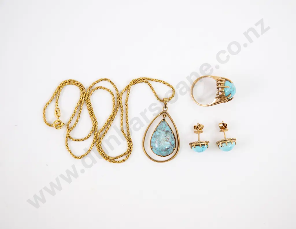 9ct Single Turquoise Ring Pair Earrings and Pendant Set Image 1++