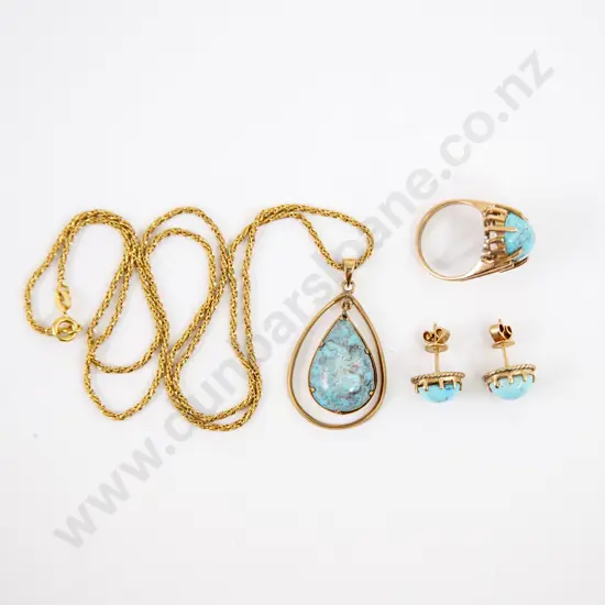 9ct Single Turquoise Ring Pair Earrings and Pendant Set