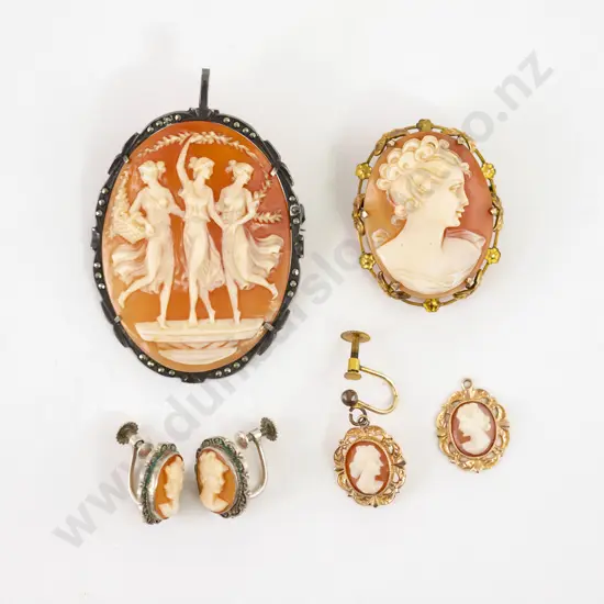 9ct Framed Portrait Cameo Brooch Pendant and Odd Earring