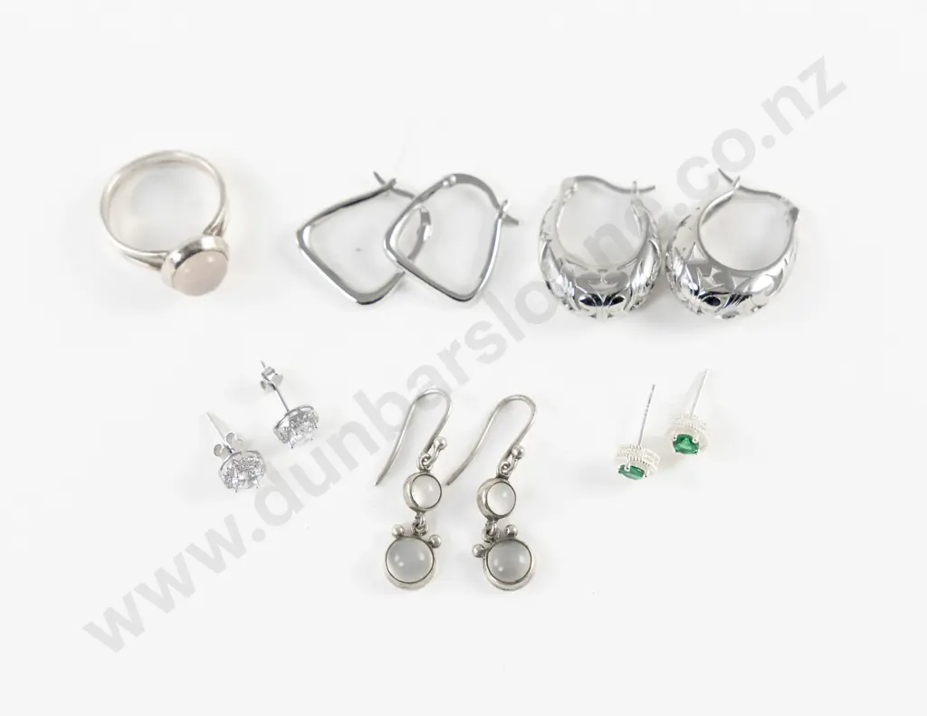 S/S Moonstone Ring and Earring Set with Small Collection of S/S Earrings Image 1++