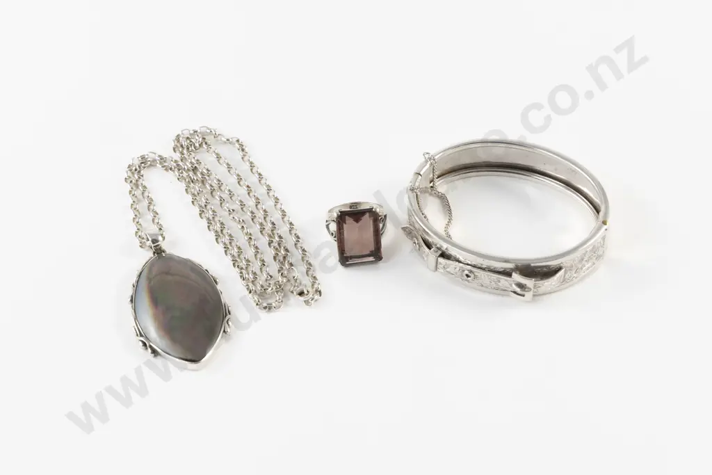 S/S Engraved Hinged Snap Bangle and Rose Quartz Dress Ring Image 1++